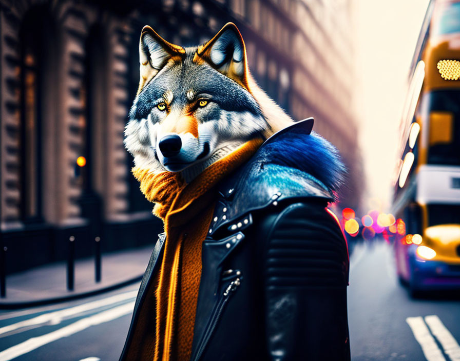 Anthropomorphic wolf in stylish attire on city sidewalk