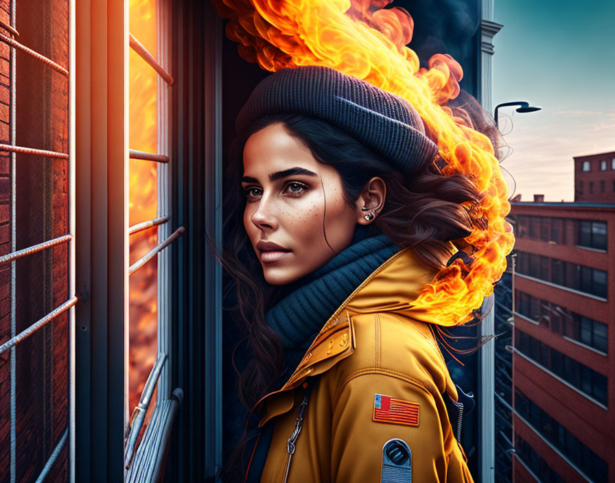 Woman with striking eyes and freckles in fiery hair against urban backdrop