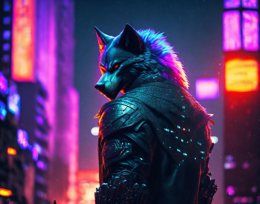 Glowing-eyed wolf in leather jacket against neon cityscape