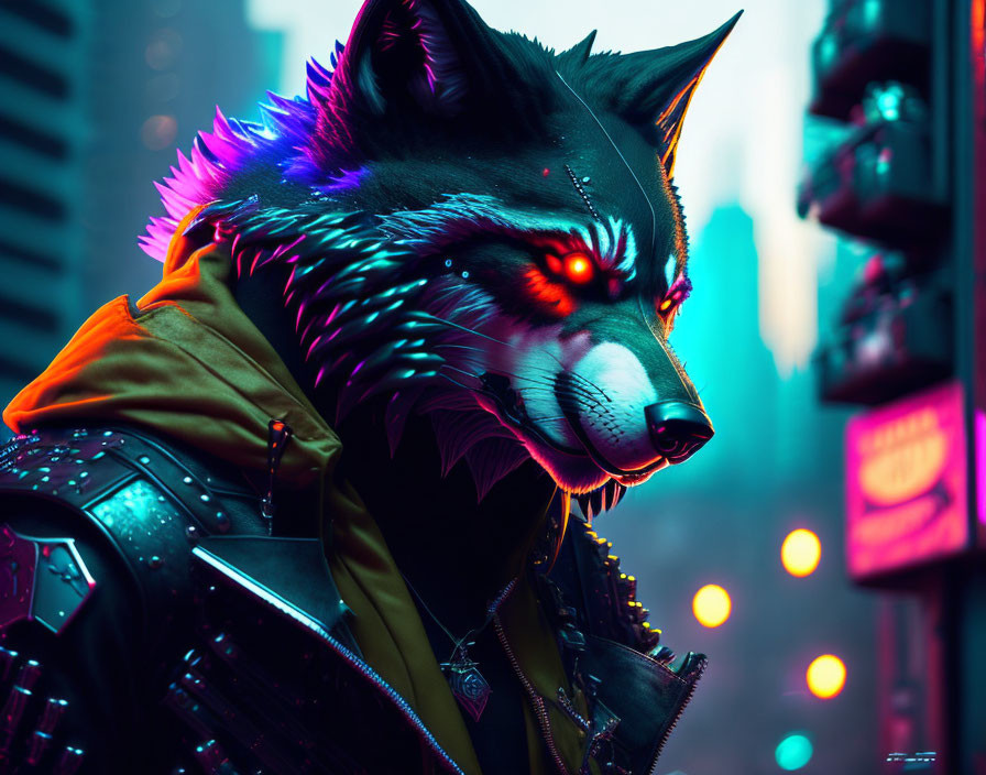 Anthropomorphic wolf in cyberpunk armor with neon lights