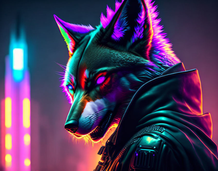 Stylized anthropomorphic wolf in leather jacket against neon-lit cityscape