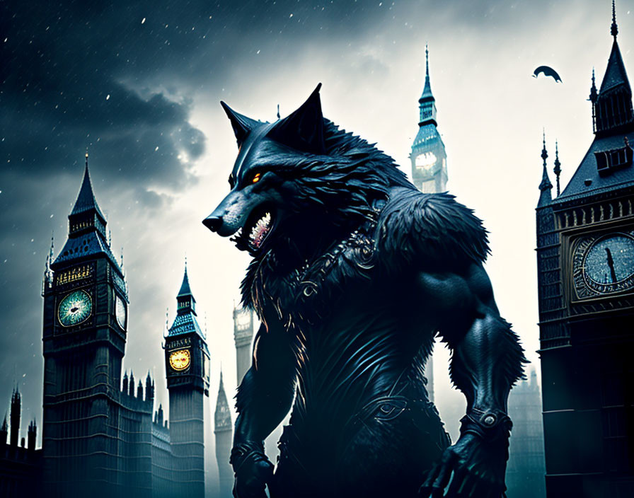 Menacing werewolf near Palace of Westminster towers