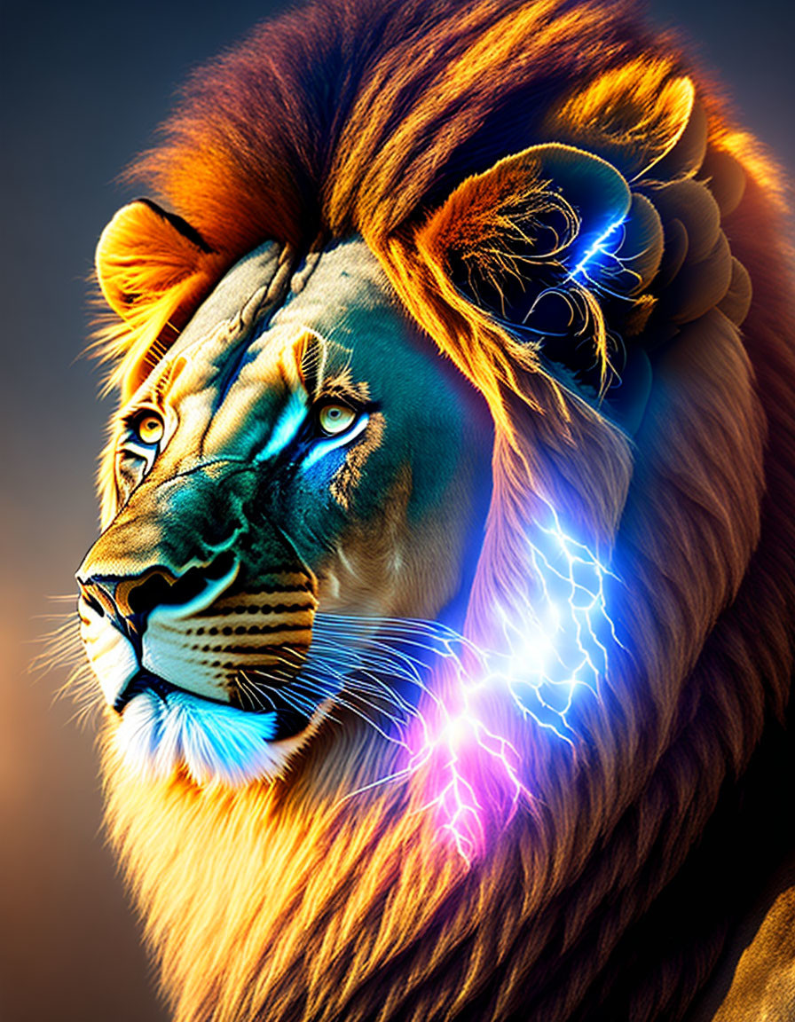 Colorful Digital Artwork: Lion with Orange and Blue Mane & Lightning Effects