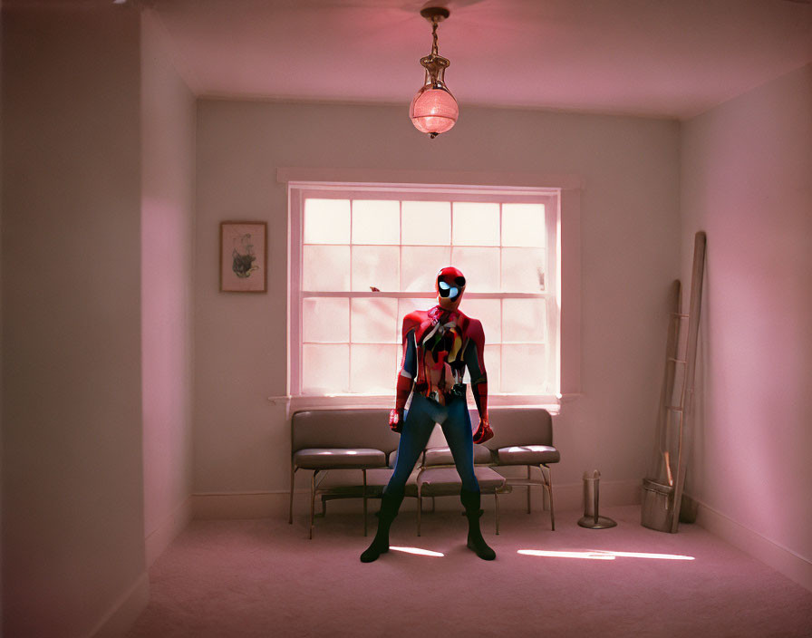 Person in Spider-Man Costume Poses in Softly Lit Room