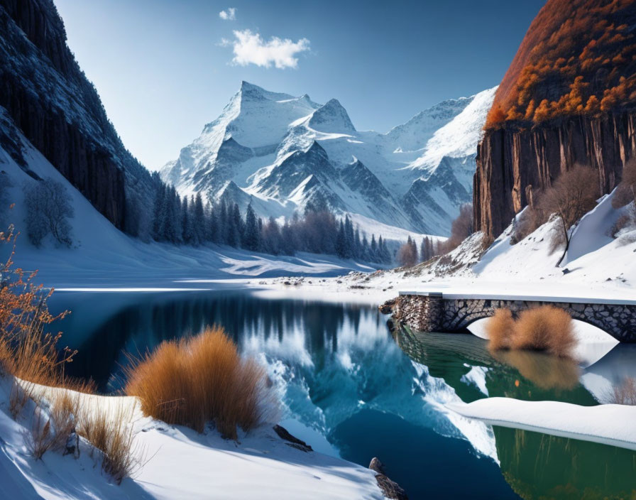 Snow-covered mountain backdrop, calm lake, stone bridge, orange foliage, blue sky