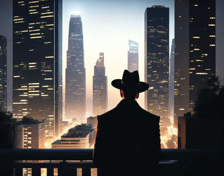 Silhouetted person in fedora hat against city skyline at night.