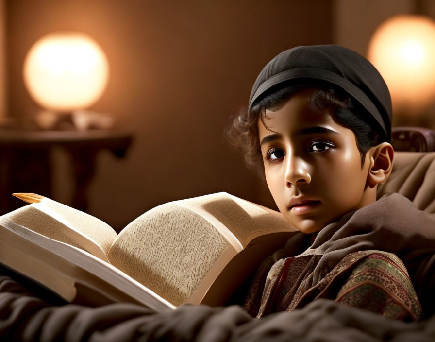 Child reading book in warm light, contemplative expression, cozy attire