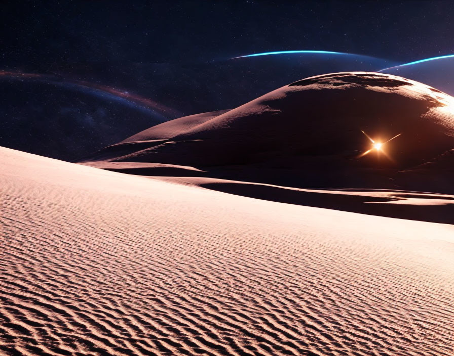 Extraterrestrial landscape with sand dunes, rising star, and glowing planet