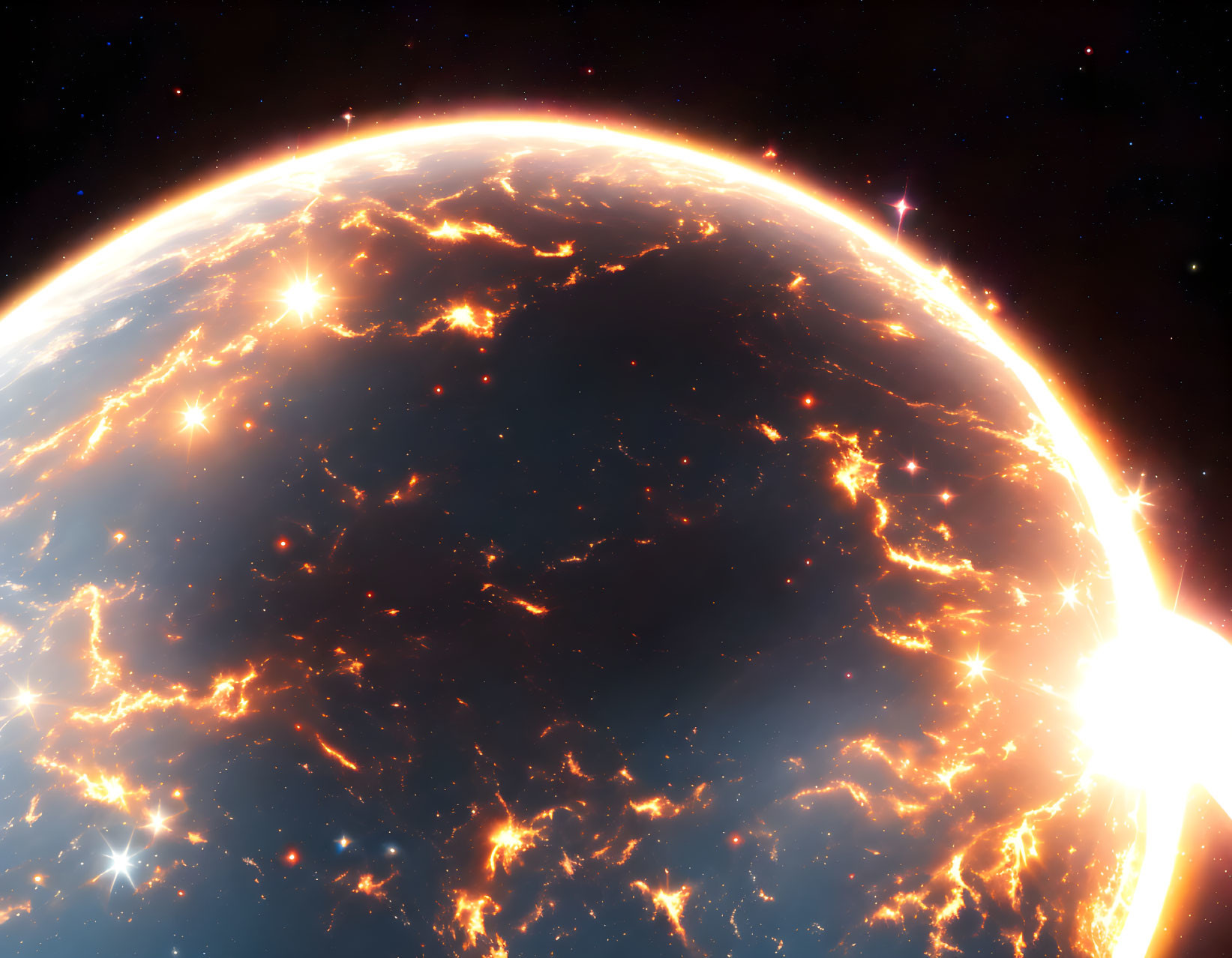 Planet engulfed in flames against starry background - cosmic catastrophe depiction