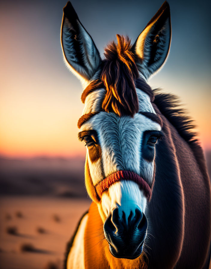 Close-up of a donkey with red halter at sunrise or sunset