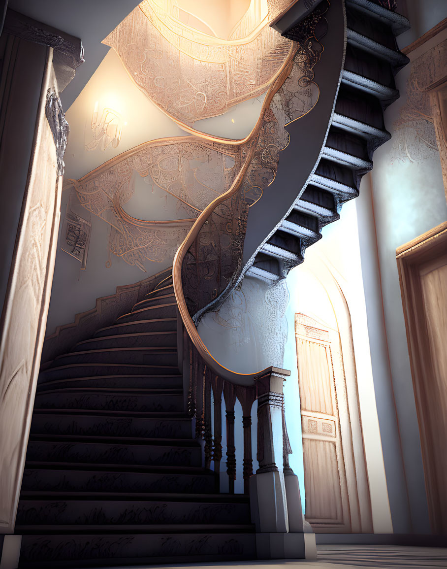 Elegant interior staircase with ornate railings and floating diagrams