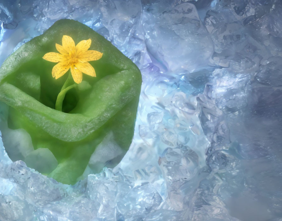 Yellow Flower and Succulent with Ice Cubes on Blue Surface