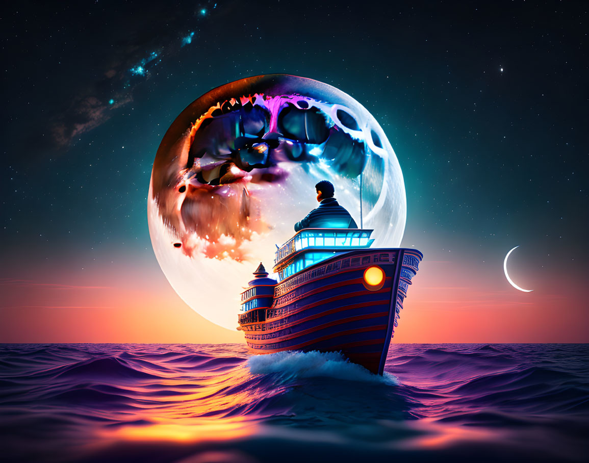 Vibrant surreal artwork: ship on sea with cosmic bubble