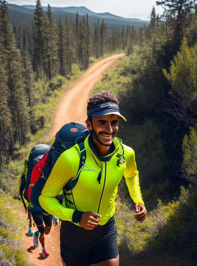 Hikers with backpacks in sunlit forest, led by smiling person.