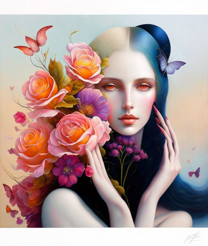 Surreal portrait of a woman with flowers and butterflies - ethereal beauty