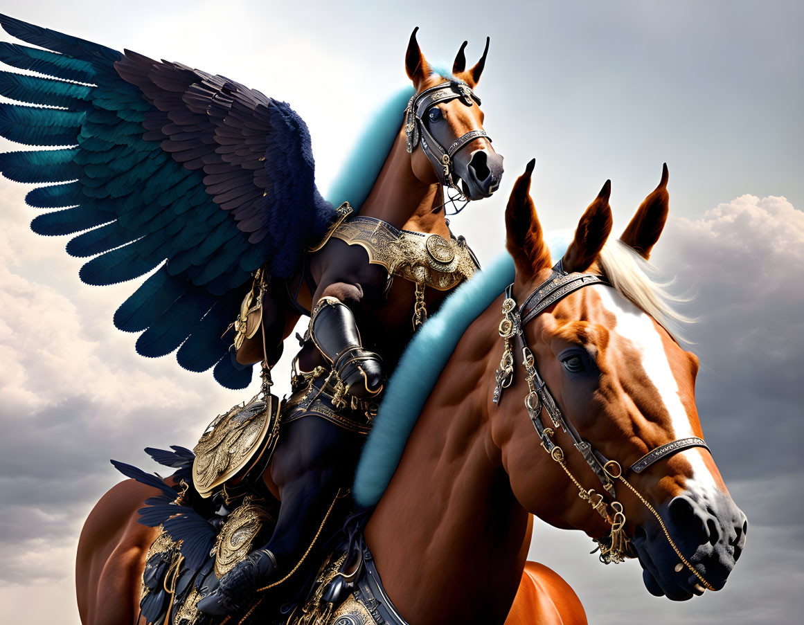 Winged horse and rider in elaborate armor against cloudy sky