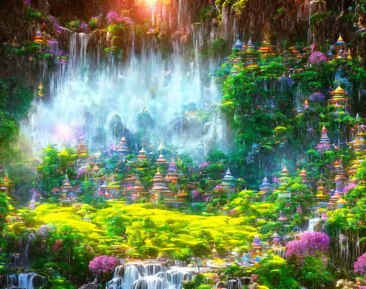 Colorful fantasy landscape with waterfalls, pagodas, and ethereal light
