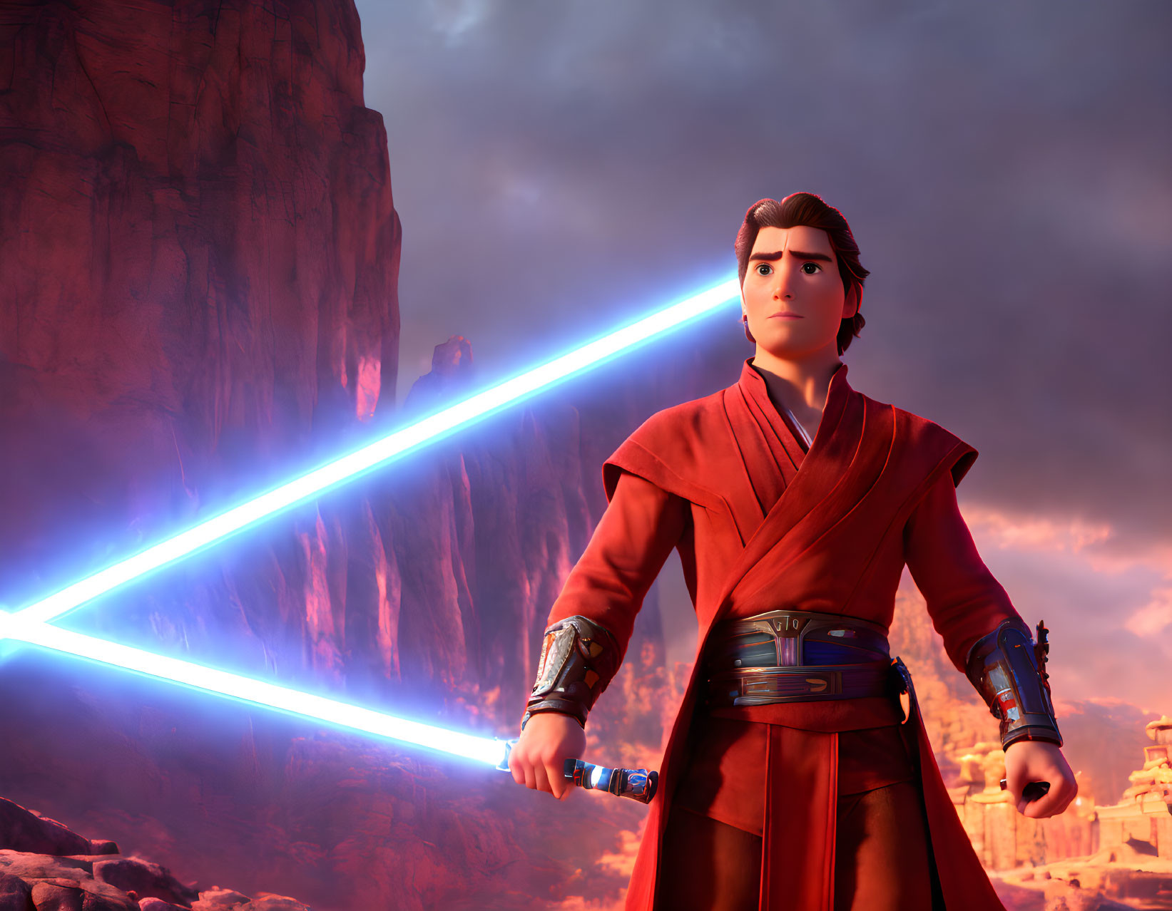 Blue lightsaber-wielding Jedi-like character in red rocky landscape