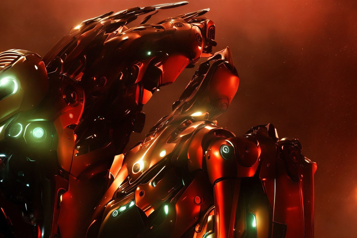 Detailed high-tech robot with green lights on red background - futuristic design.