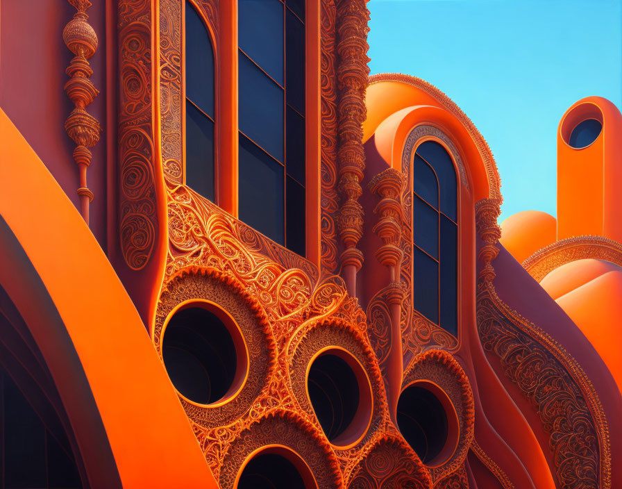 Intricate orange and blue architecture with arched windows and cylindrical elements