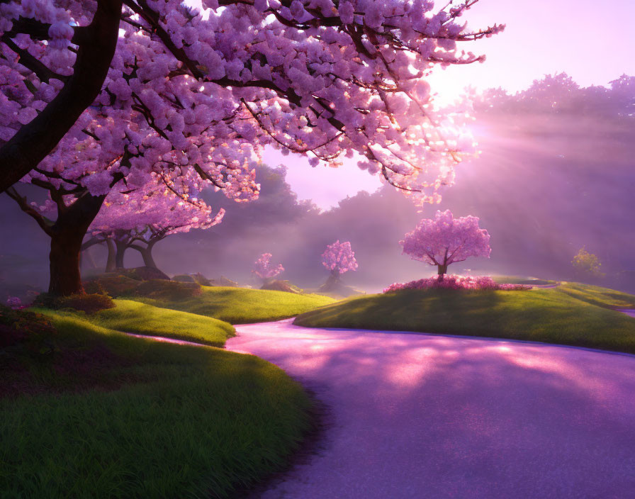 Tranquil Park Scene with Pink Cherry Blossoms