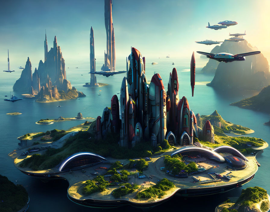 Futuristic cityscape on island with flying vehicles and rocky formations.