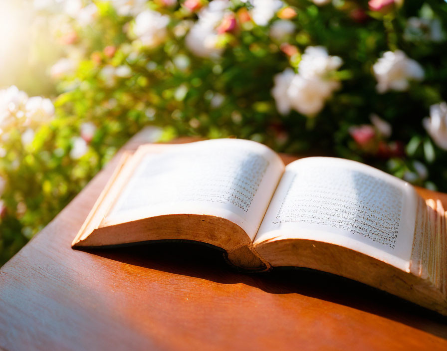 Open book in sunlight on wooden surface with greenery background