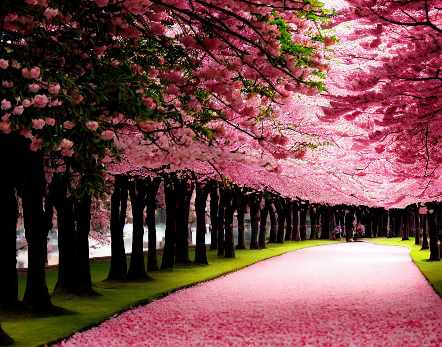 Blooming pink cherry blossoms create a floral tunnel.