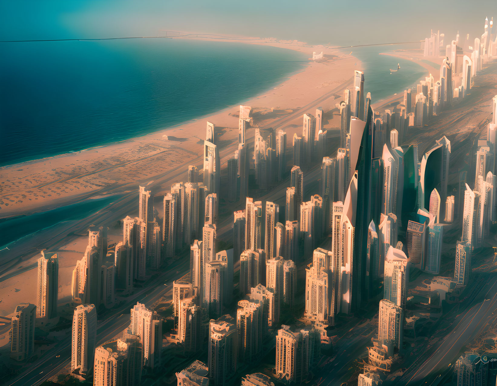 Coastal city skyline at sunset with high-rise buildings and beach