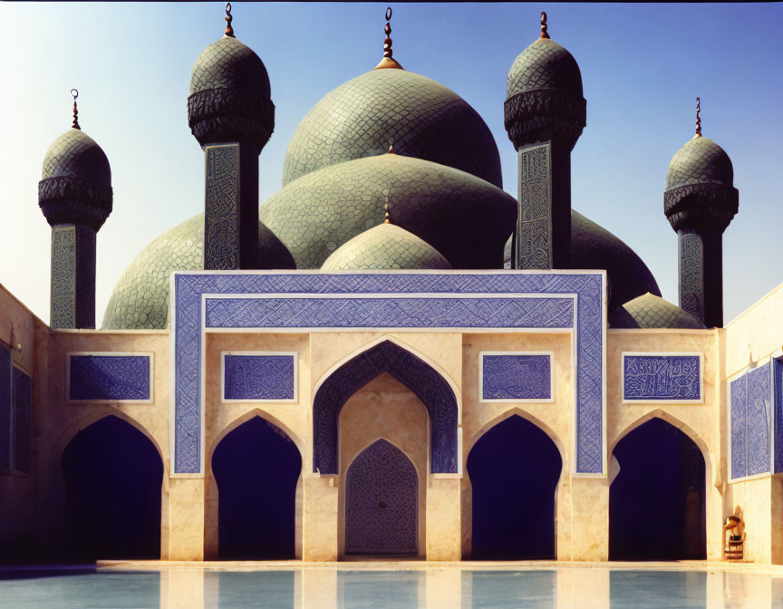 Intricate Blue Tilework Mosque with Domes and Minarets