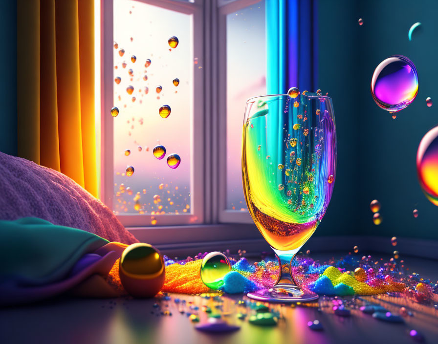 Colorful bubbles and glitter around glass of sparkling liquid