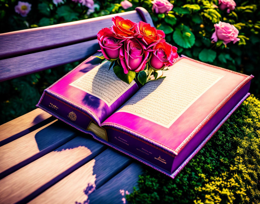 Red-covered open book with red roses on wooden bench in sunlight