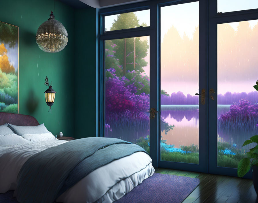 Tranquil bedroom with open balcony door overlooking lake and wildflowers