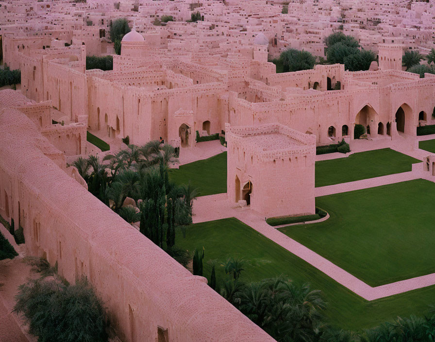 Ancient fortress with clay walls and lush courtyard in desert landscape