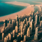 Coastal city skyline at sunset with high-rise buildings and beach