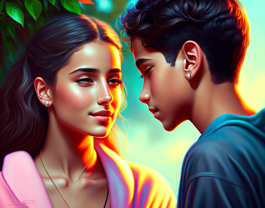 Vibrant digital artwork of young couple in romantic pose