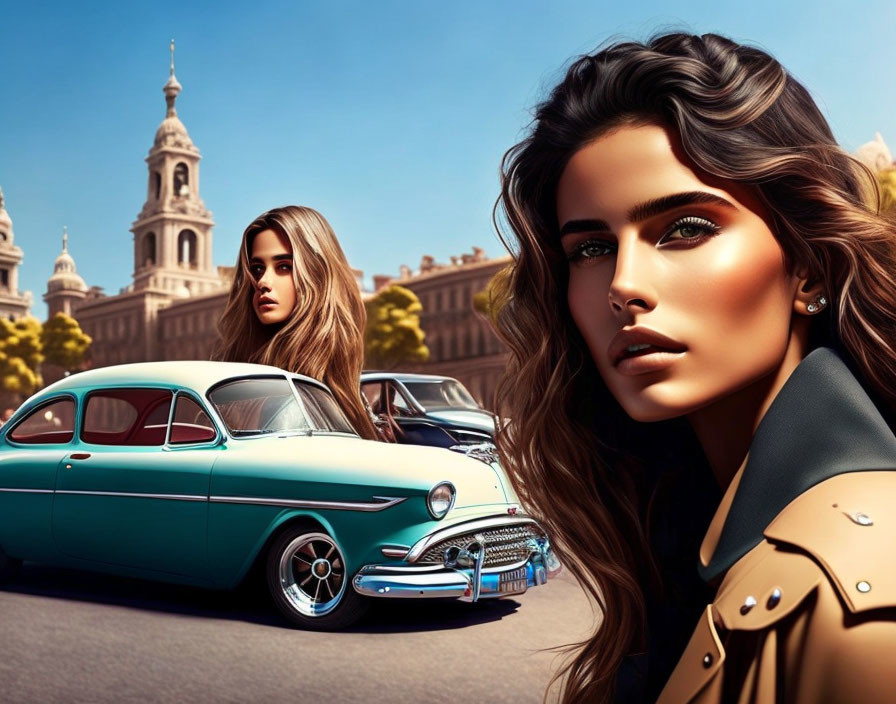 Stylized women in vintage urban scene with teal car & historic buildings
