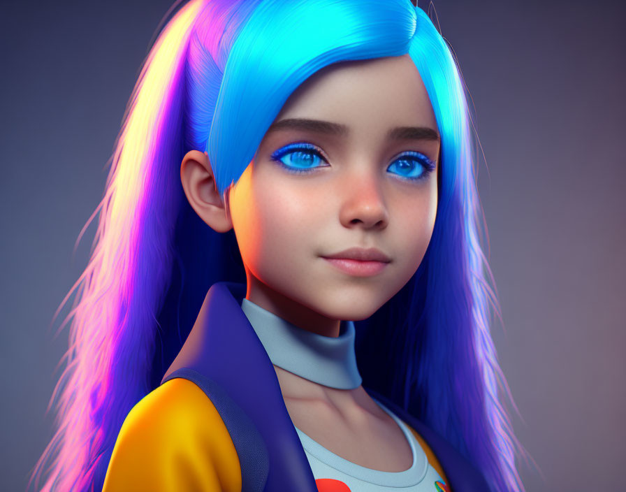Vibrant blue-haired girl in modern outfit on neutral background