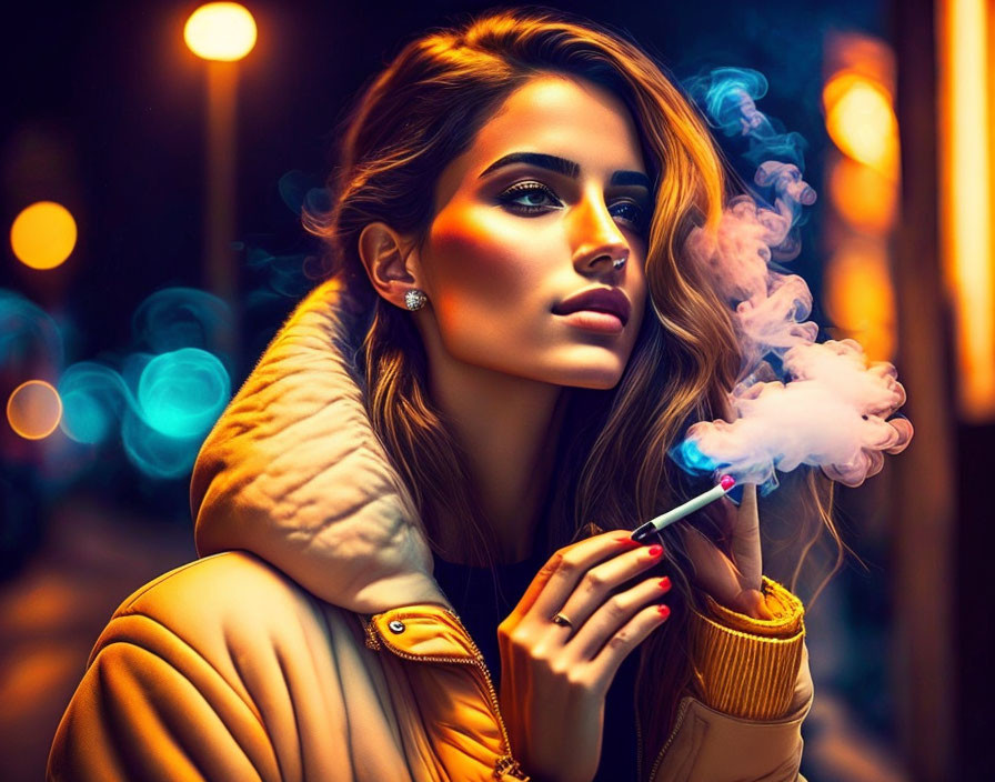 Woman with Striking Makeup Smoking Cigarette in Urban Night Lights