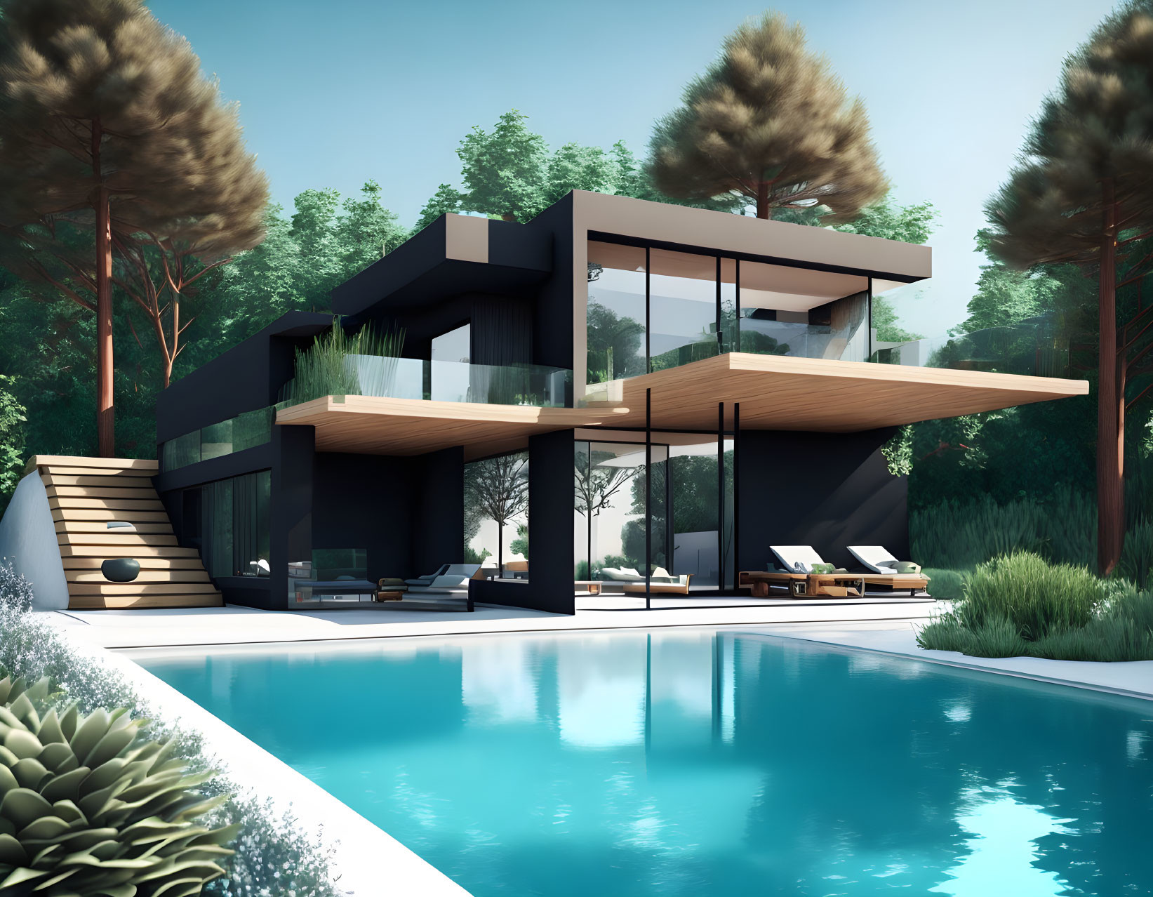 Contemporary two-story house with large windows, cantilevered design, pool, and tree surroundings