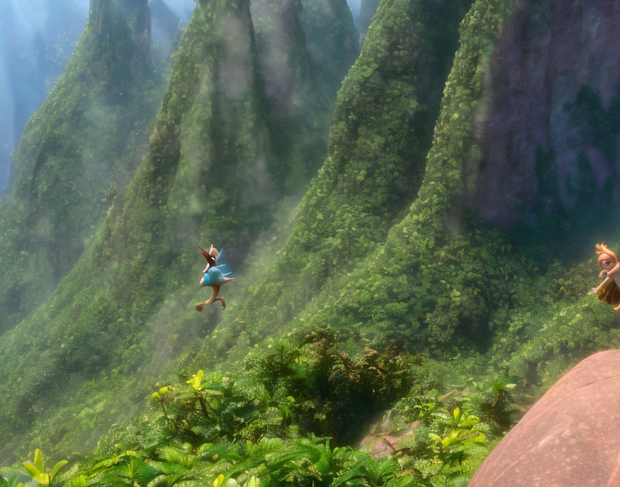 Animated characters leap across lush green mountain peaks with mist, another character observes.