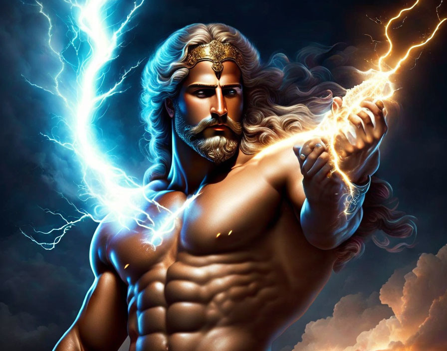 Muscular bearded man with lightning bolts in dramatic sky.