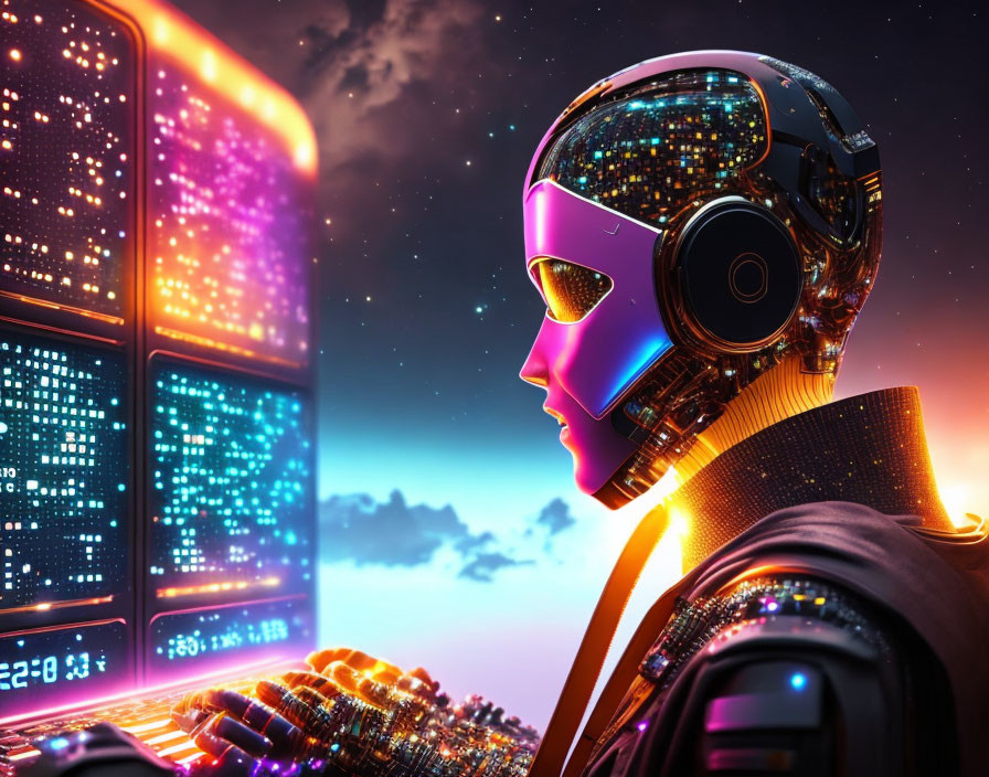 Reflective-headed robot in headphones amid digital displays on cosmic background.