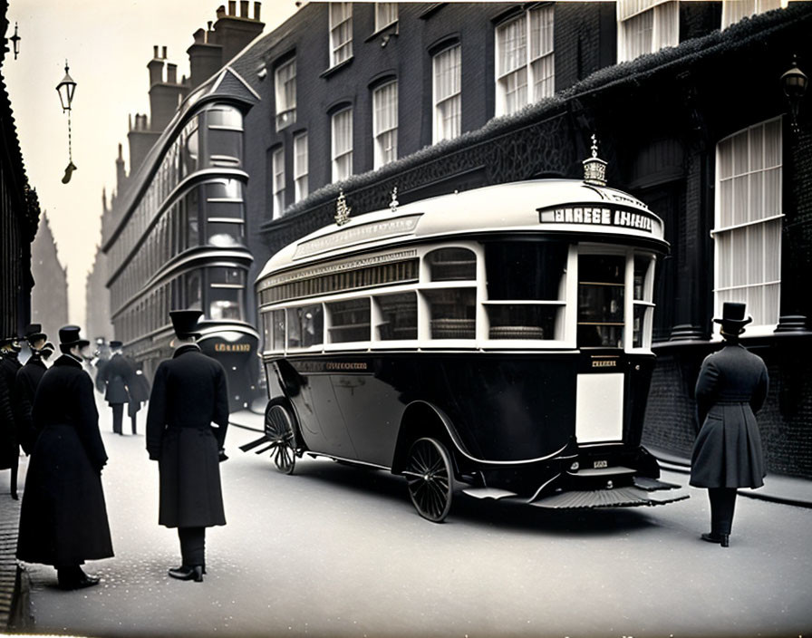 Early 20th-century vintage street scene with double-decker bus and elegant pedestrians