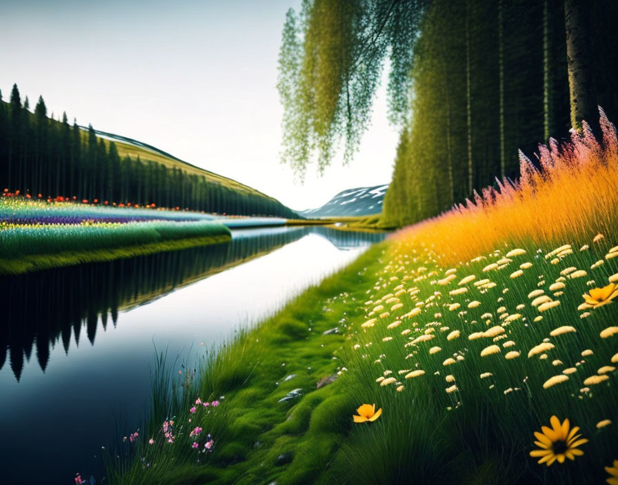 Tranquil river scene with wildflowers, willow trees, forested hill, and clear sky