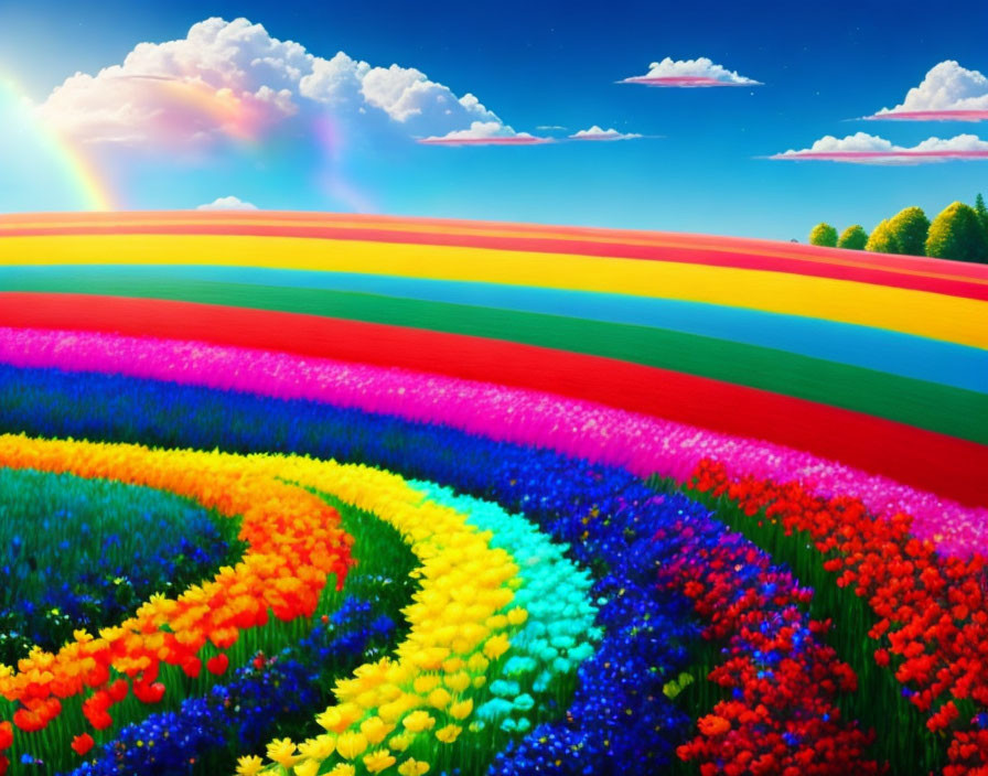 Colorful landscape with rainbow arcs over vibrant flower field