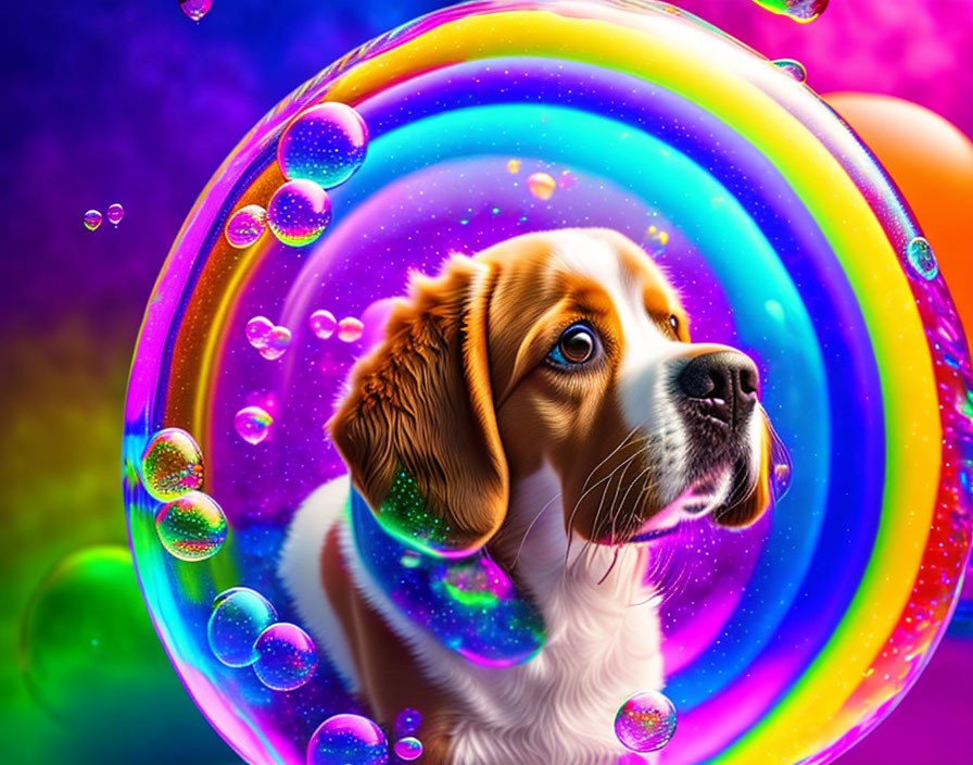 Colorful Digital Art: Dog with Pleading Eyes in Rainbow Circle