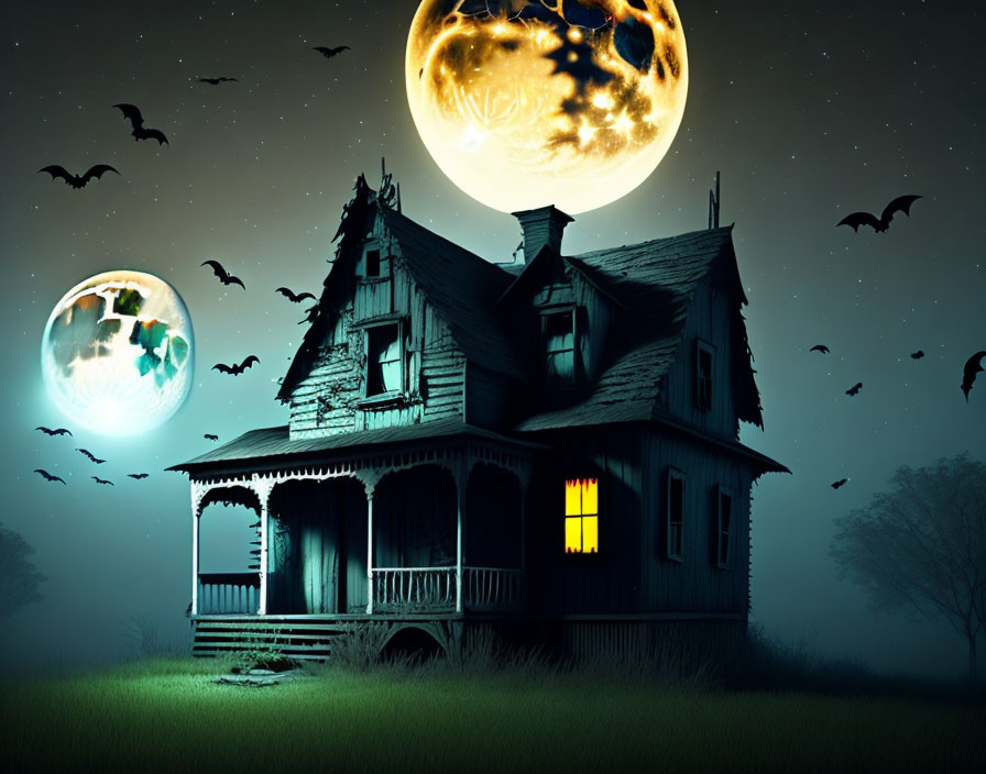 Spooky night scene: old house, two moons, bats, mystical glow