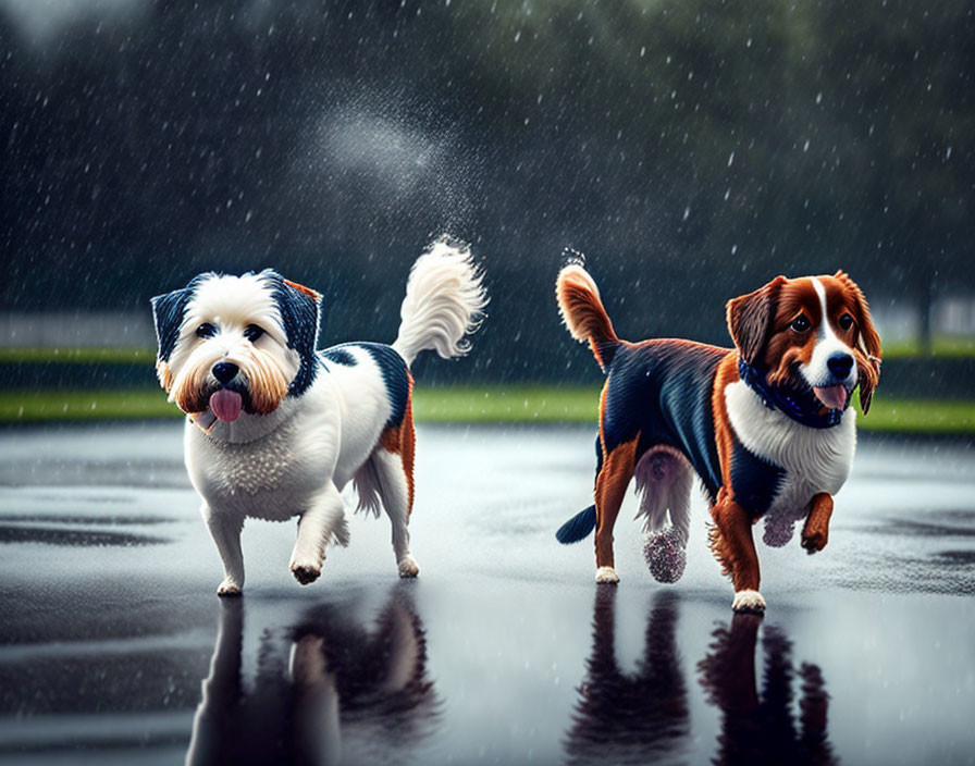 Two dogs in coats running in rain on wet surface