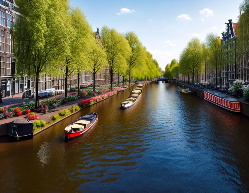 Canal in Amsterdam with Trees, Flowers, Cars, and Boats